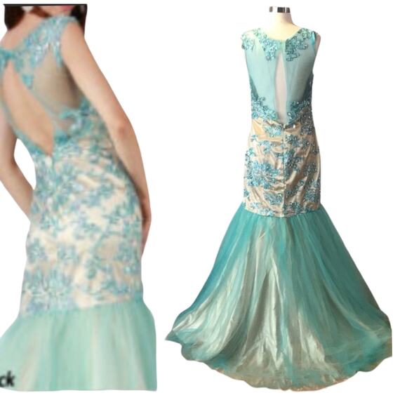 FORMAL GOWN Mermaid Embellished Aqua/Nude Tulle Skirt Ilusion Mesh Beaded Neck - Picture 5 of 9